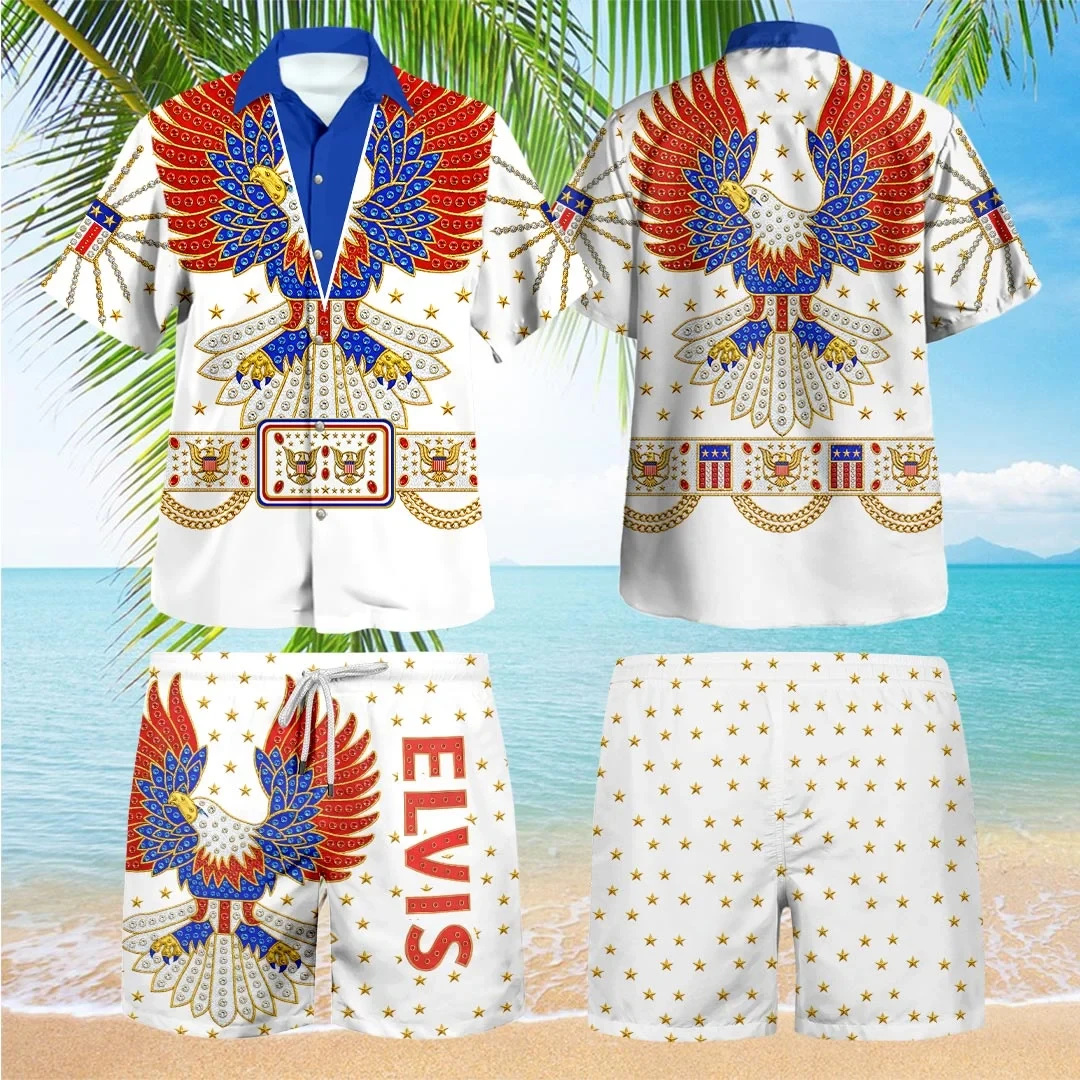 Elvis Presley Merch American Eagle Patriotic Hawaiian Shirt And Shorts Set Gifts For Music Nerd 1 - Unicasport Elvis Presley Merch American Eagle Patriotic Hawaiian Shirt And Shorts Set Gifts For Music Nerd
