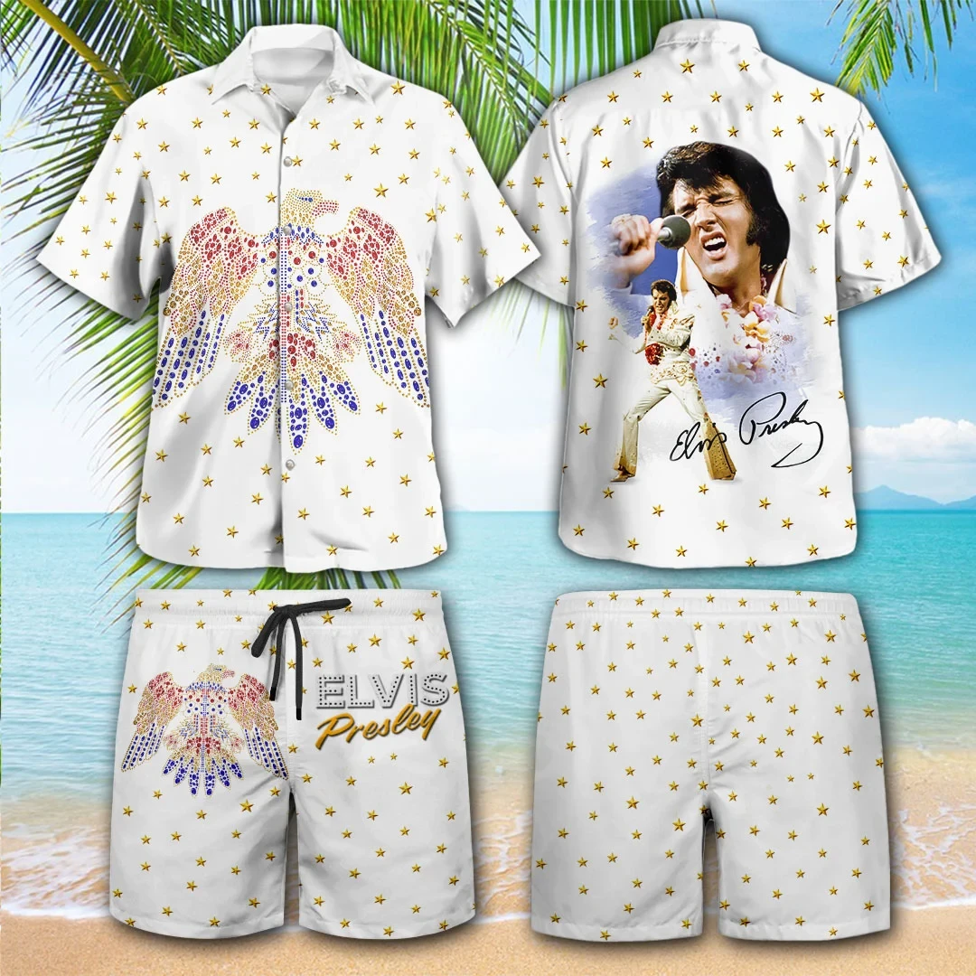 Elvis Presley Merch American Eagle Pattern White Hawaiian Shirt And Shorts Set Music Fan Gifts 1 - Unicasport Elvis Presley Merch American Eagle Pattern White Hawaiian Shirt And Shorts Set Music Fan Gifts