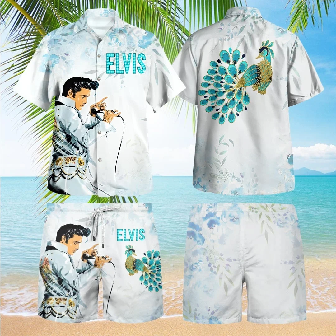 Elvis Presley Merch Peacock White Hawaiian Shirt And Shorts Set Music Gift Ideas For Guys 1 - Unicasport Elvis Presley Merch Peacock White Hawaiian Shirt And Shorts Set Music Gift Ideas For Guys