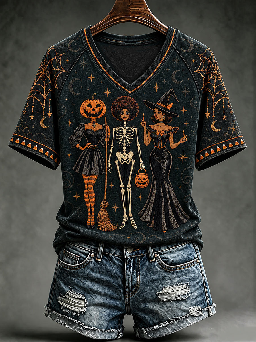 Halloween Skeleton Dancing Black V-Neck Shirt Funny Goth Halloween Apparel Gifts For Halloween Lovers 1 - Unicasport Halloween Skeleton Dancing Black V-Neck Shirt Funny Goth Halloween Apparel Gifts For Halloween Lovers