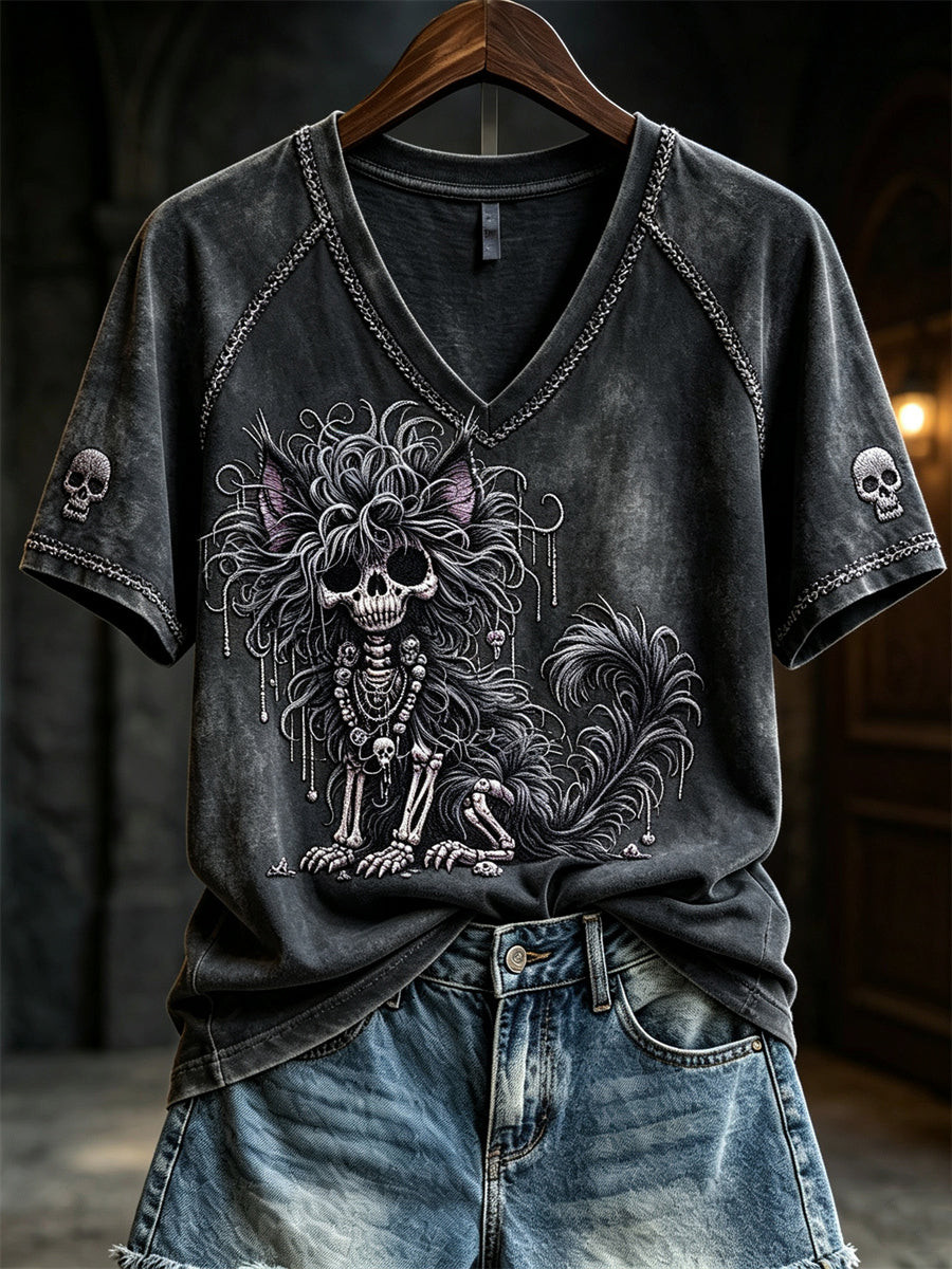 Gothic Fuzzy Skeleton Cat V-Neck Shirt Happy Halloween Outfits Gifts For A Horror Fans 1 - Unicasport Gothic Fuzzy Skeleton Cat V-Neck Shirt Happy Halloween Outfits Gifts For A Horror Fans