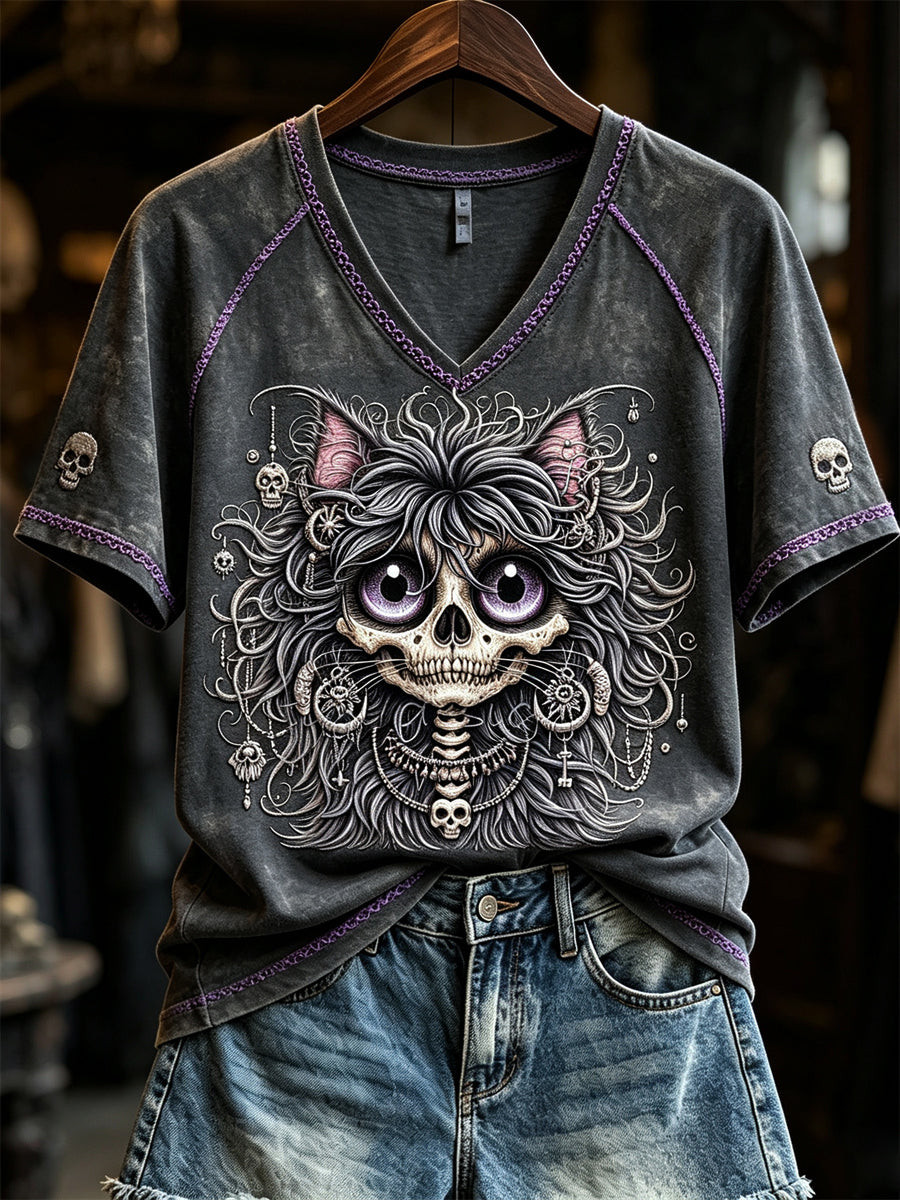 Gothic Fuzzy Skeleton Cat V-Neck Shirt Happy Halloween Outfits Halloween Gifts For Her 1 - Unicasport Gothic Fuzzy Skeleton Cat V-Neck Shirt Happy Halloween Outfits Halloween Gifts For Her