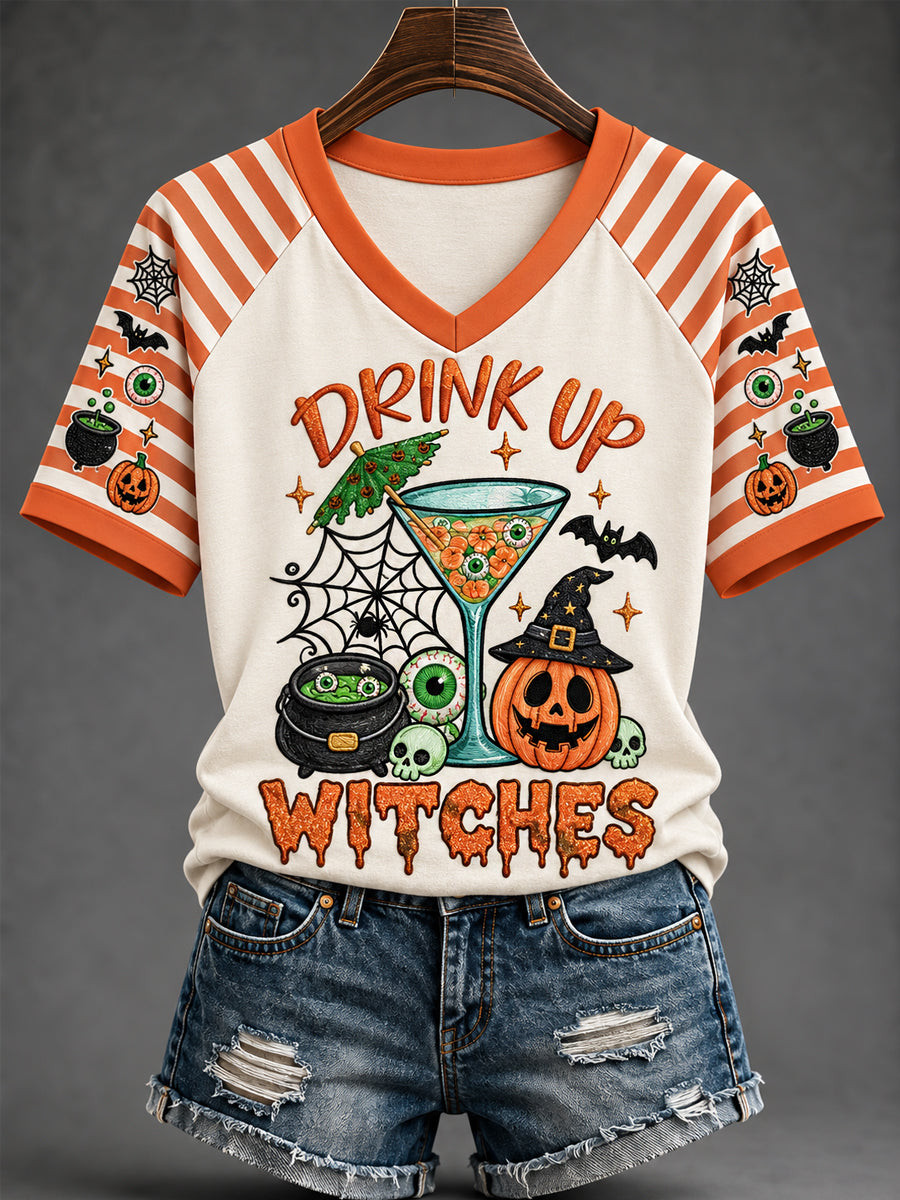 Drink Up Witches Wine Glass V-Neck Shirt Funny Halloween Clothing Women's Outfits Ideas 1 - Unicasport Drink Up Witches Wine Glass V-Neck Shirt Funny Halloween Clothing Women's Outfits Ideas