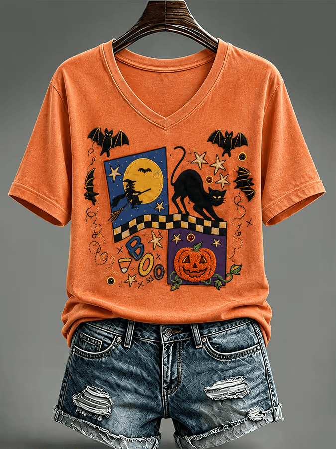 Halloween Haunted House And Black Cat V-Neck Shirt Cute Retro Halloween Holiday Apparel Gifts For A Horror Lover 1 - Unicasport Halloween Haunted House And Black Cat V-Neck Shirt Cute Retro Halloween Holiday Apparel Gifts For A Horror Lover