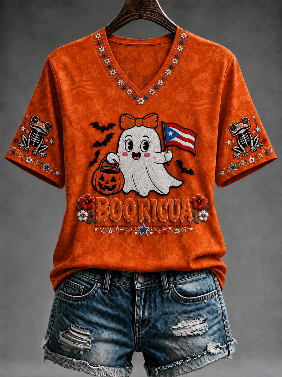 Cute Booricua Ghost Halloween V-Neck Shirt Spooky Squad Monster Apparel Presents For Her 1 - Unicasport Cute Booricua Ghost Halloween V-Neck Shirt Spooky Squad Monster Apparel Presents For Her