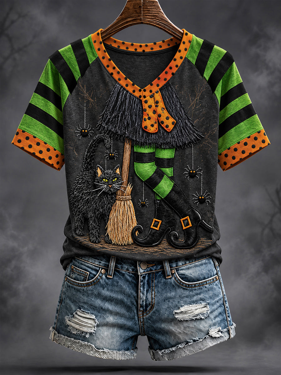 Green Striped Witch Legs Halloween V-Neck Shirt Retro Halloween Festival Clothing Gift For Her 1 - Unicasport Green Striped Witch Legs Halloween V-Neck Shirt Retro Halloween Festival Clothing Gift For Her