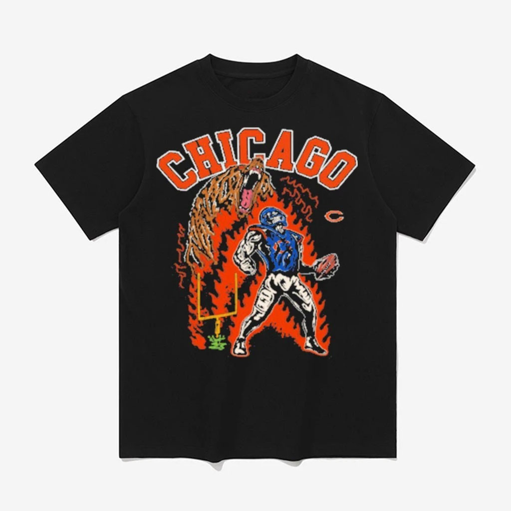 Chicago Bears Merch Football Skeleton Player Roaring Grizzly Bear Fire Graphic T-Shirt Black