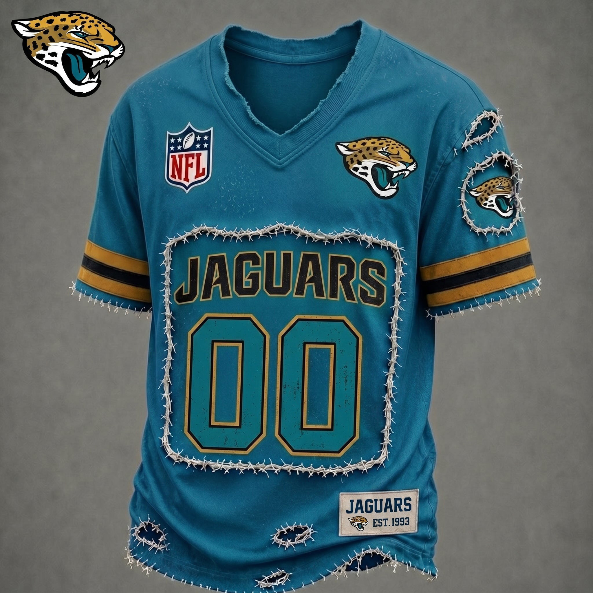 Customized Jacksonville Jaguars Football NFL Merch Jaguars Logo V-Neck T-Shirt Gift For Son 1 - Unicasport Customized Jacksonville Jaguars Football NFL Merch Jaguars Logo V-Neck T-Shirt Gift For Son