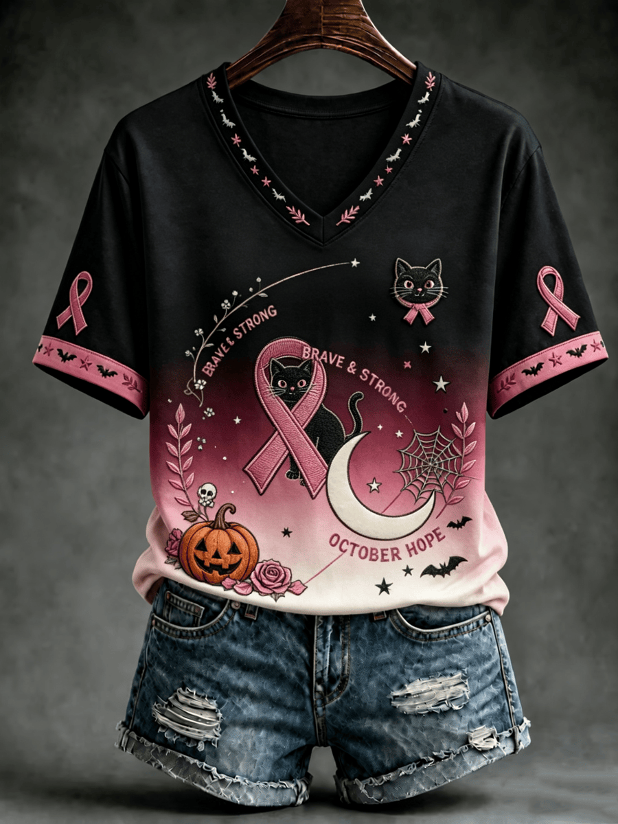 Pink Ribbon Breast Cancer Awareness V-Neck Shirt Cute Witchy Kitten Pink Ribbon Clothes Gifts For Bestie 1 - Unicasport Pink Ribbon Breast Cancer Awareness V-Neck Shirt Cute Witchy Kitten Pink Ribbon Clothes Gifts For Bestie