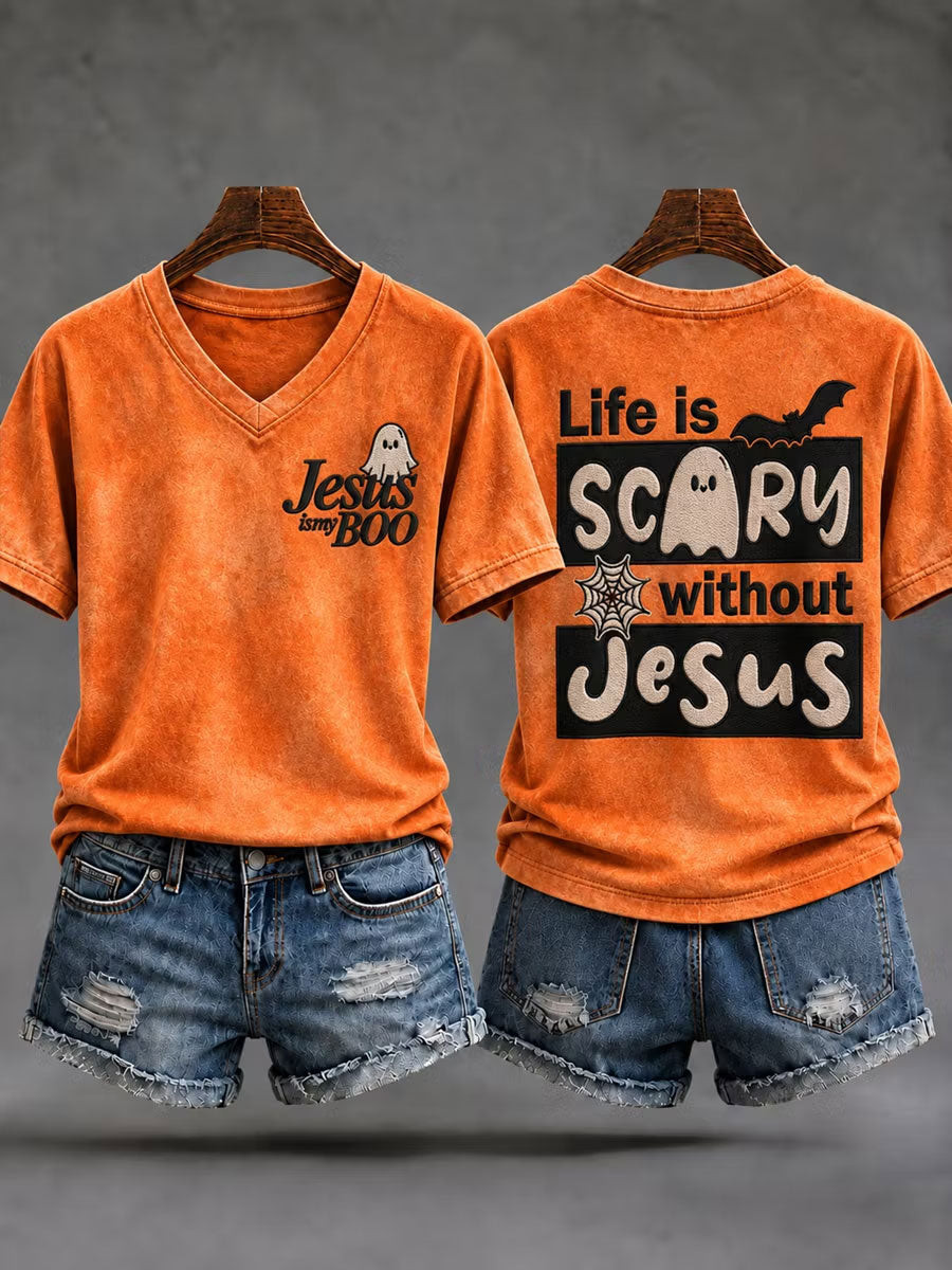 Jesus Is My Boo V-Neck Shirt Christian Scary Without Jesus Clothing Gift For Best Friends 1 - Unicasport Jesus Is My Boo V-Neck Shirt Christian Scary Without Jesus Clothing Gift For Best Friends