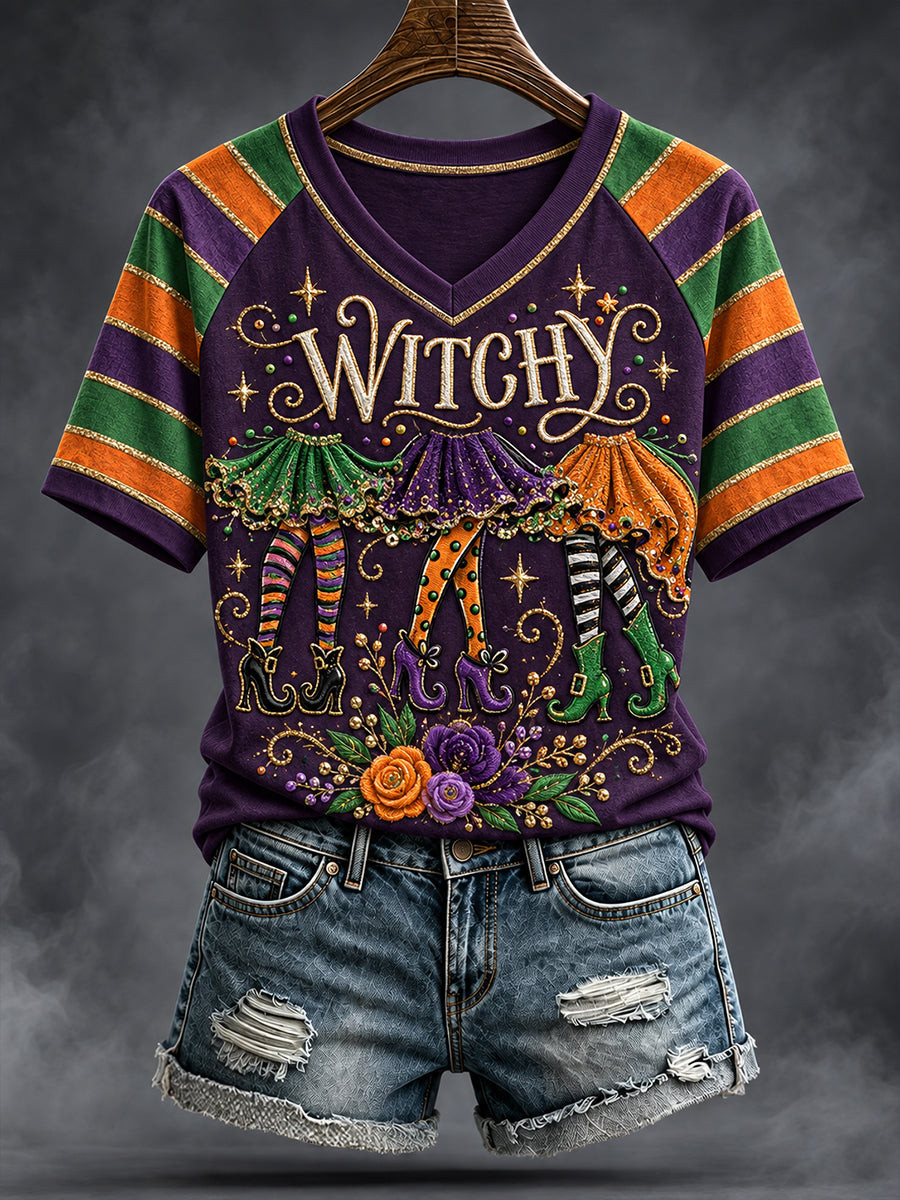 Witchy Vibes Halloween V-Neck Shirt Spooky Midnight Broomstick Apparel Women's Good Halloween Outfits 1 - Unicasport Witchy Vibes Halloween V-Neck Shirt Spooky Midnight Broomstick Apparel Women's Good Halloween Outfits