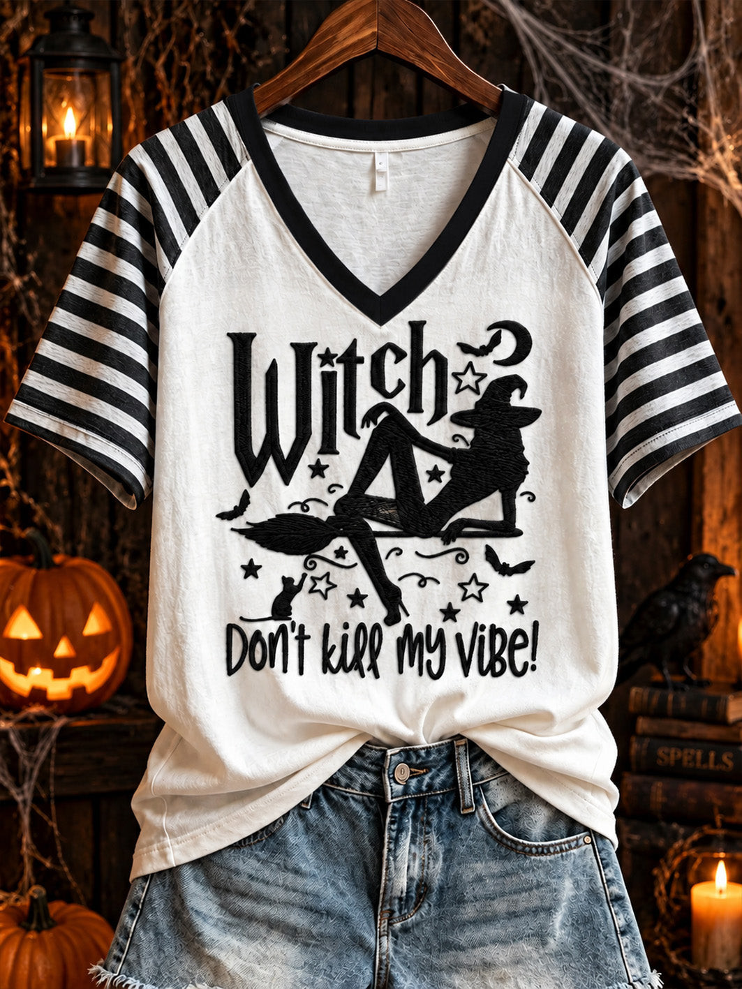 Witch Don't Kill My Vibe V-Neck Shirt Spooky Halloween Gift For Girlfriend 1 - Unicasport Witch Don't Kill My Vibe V-Neck Shirt Spooky Halloween Gift For Girlfriend