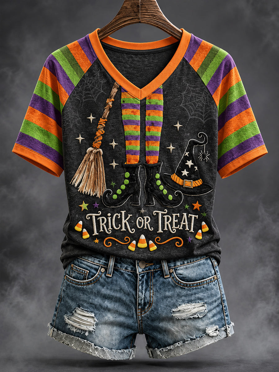 Trick Or Treat Halloween V-Neck Shirt Retro Halloween Festival Clothing Gift For Friends 1 - Unicasport Trick Or Treat Halloween V-Neck Shirt Retro Halloween Festival Clothing Gift For Friends