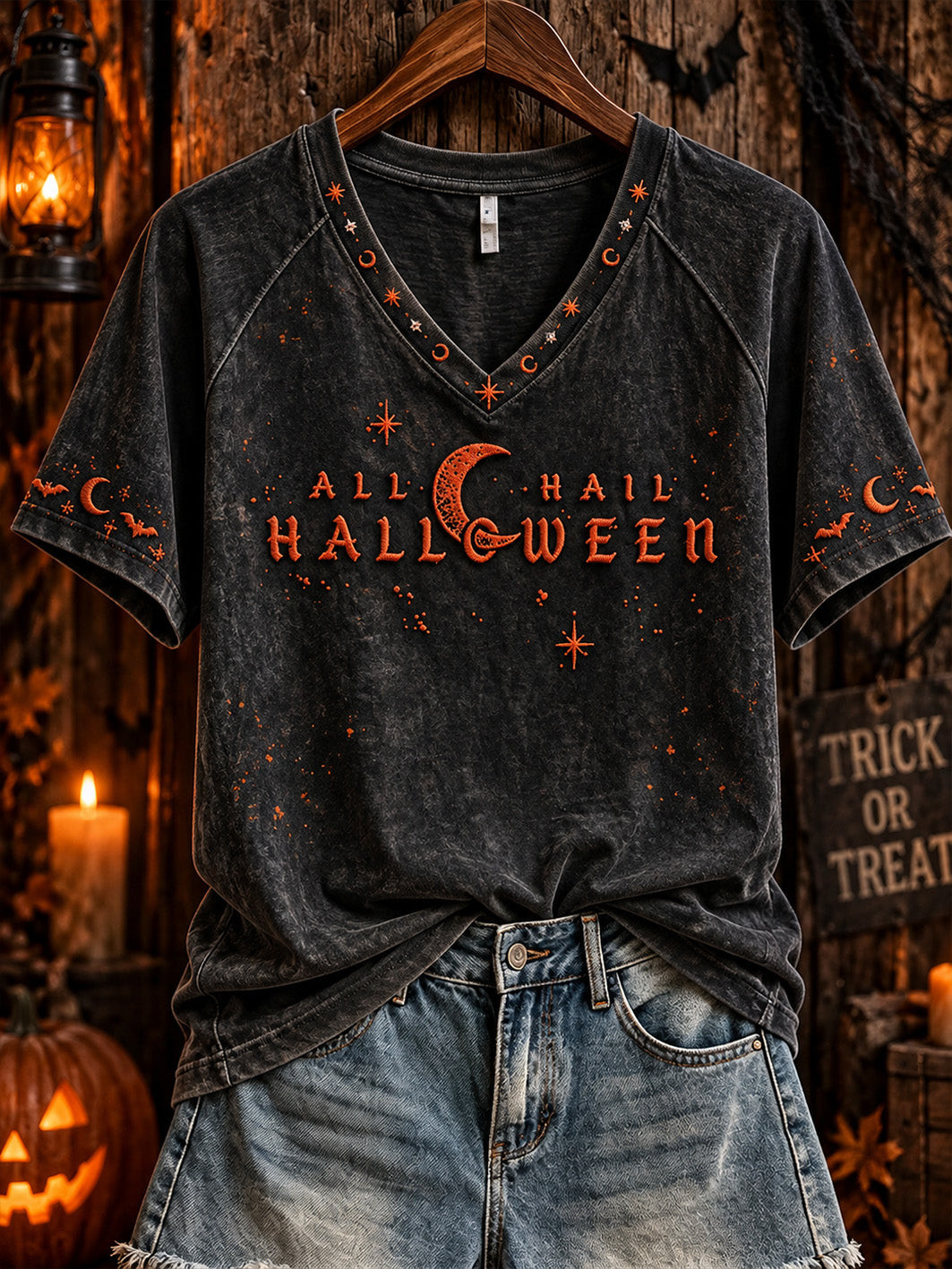 All Hail Halloween Moon V-Neck Shirt Funny Spooky Gift For Best Friends 1 - Unicasport All Hail Halloween Moon V-Neck Shirt Funny Spooky Gift For Best Friends