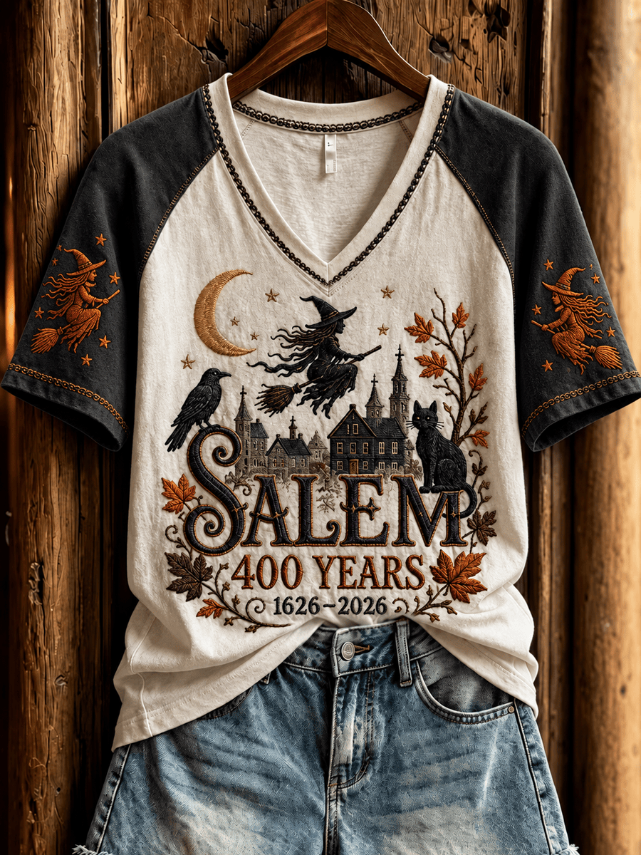 Vintage Salem 400 Years V-Neck Shirt Spooky Season Halloween Clothing Gifts For Horror Lovers 1 - Unicasport Vintage Salem 400 Years V-Neck Shirt Spooky Season Halloween Clothing Gifts For Horror Lovers