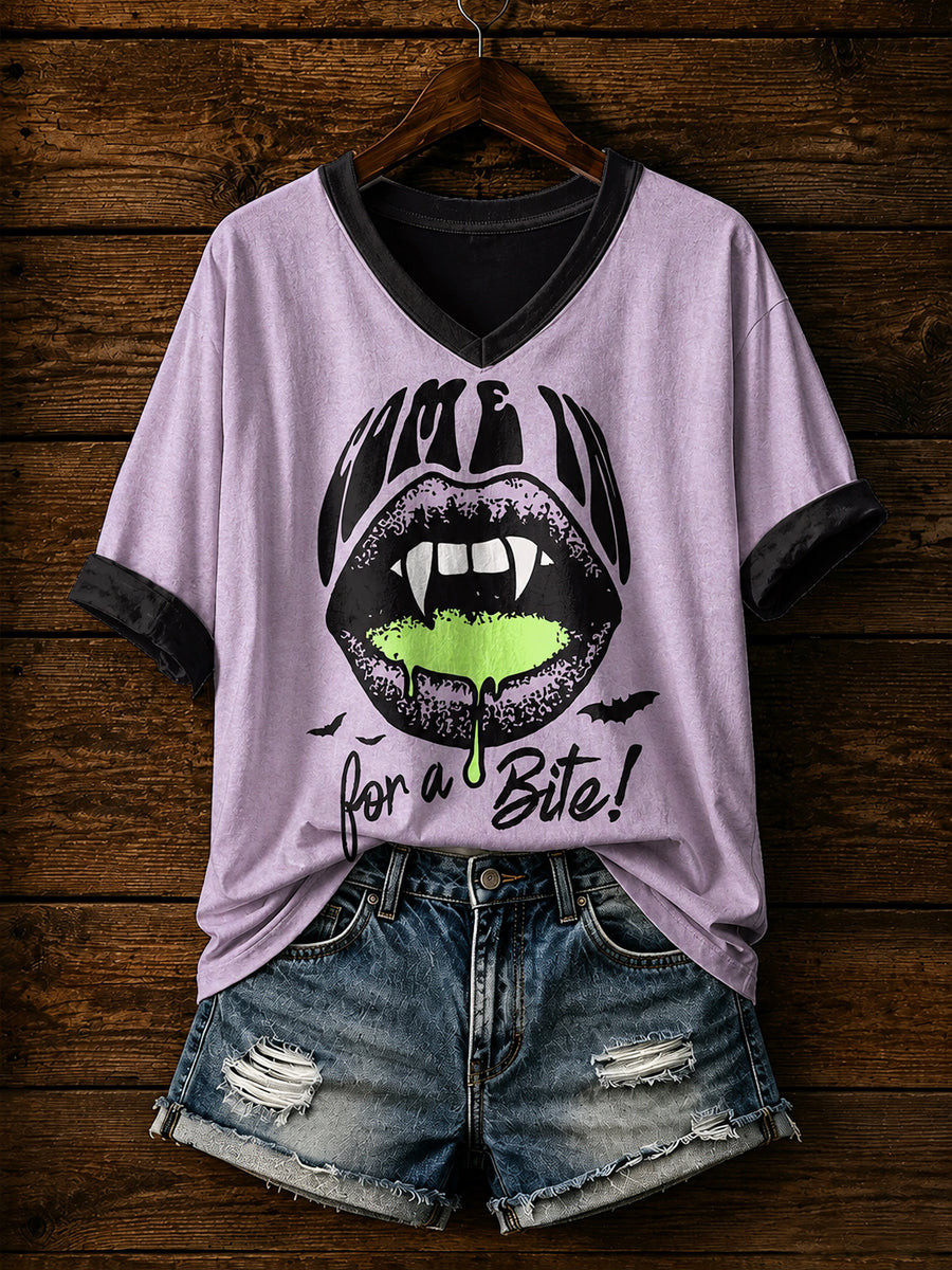 Vampire Fangs Mouth V-Neck Shirt Funny Halloween Clothing Gift For Horror Fans 1 - Unicasport Vampire Fangs Mouth V-Neck Shirt Funny Halloween Clothing Gift For Horror Fans
