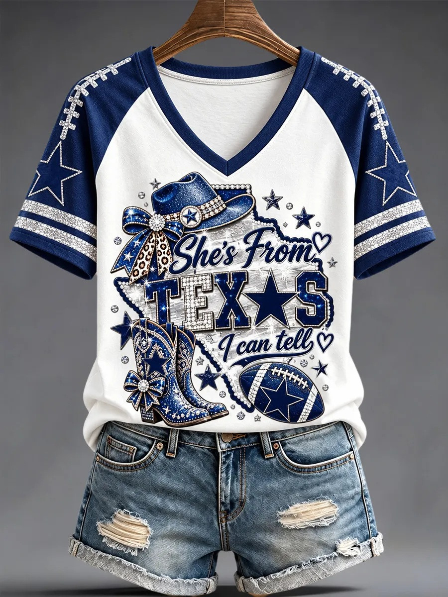 Dallas Cowboys Merch She's From Texas I Can Tell V-Neck Shirt Football Mom Gift 1 - Unicasport Dallas Cowboys Merch She's From Texas I Can Tell V-Neck Shirt Football Mom Gift