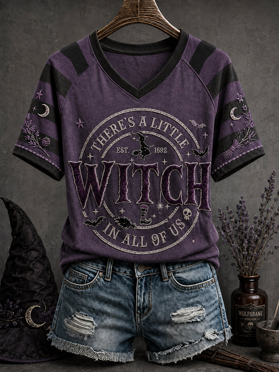 There's A Little Witch In All Of Us V-Neck Shirt Retro Gothic Practical Magic Script Apparel Witch Outfit For Bestie 1 - Unicasport There's A Little Witch In All Of Us V-Neck Shirt Retro Gothic Practical Magic Script Apparel Witch Outfit For Bestie