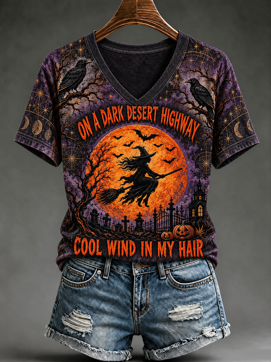 On A Dark Desert Highway Cool Wind In My Hair V-Neck Shirt Cool Halloween Clothes Gifts For A Horror Fans 1 - Unicasport On A Dark Desert Highway Cool Wind In My Hair V-Neck Shirt Cool Halloween Clothes Gifts For A Horror Fans