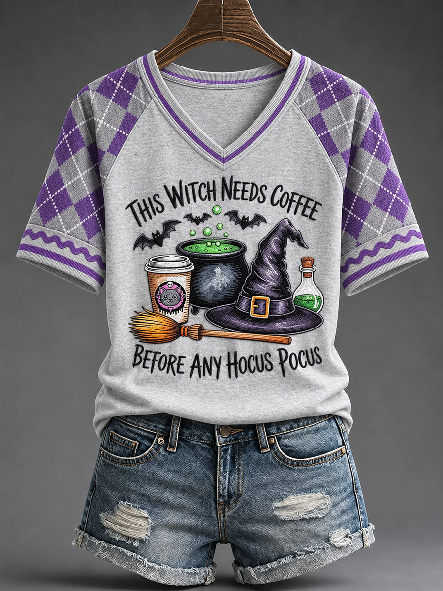 This Witch Needs Coffee V-Neck Shirt Halloween Horror Nights Apparel Gifts For Friends 1 - Unicasport This Witch Needs Coffee V-Neck Shirt Halloween Horror Nights Apparel Gifts For Friends