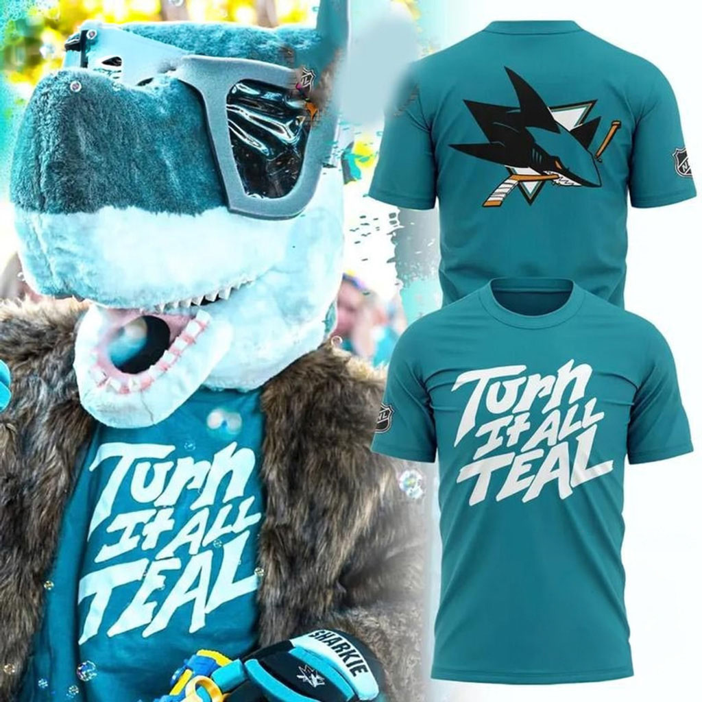 San Jose Sharks Turn It All Teal 2026 S J Sharkie T-Shirt San Jose Sharks Merch Fans Gifts 1 - Unicasport San Jose Sharks Turn It All Teal 2026 S J Sharkie T-Shirt San Jose Sharks Merch Fans Gifts