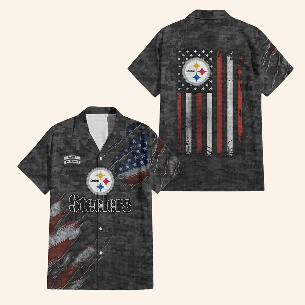Pittsburgh Steelers Merch X Salute To Service American Flag Camo Hawaiian Shirt Veterans Gifts 1 - Unicasport Pittsburgh Steelers Merch X Salute To Service American Flag Camo Hawaiian Shirt Veterans Gifts