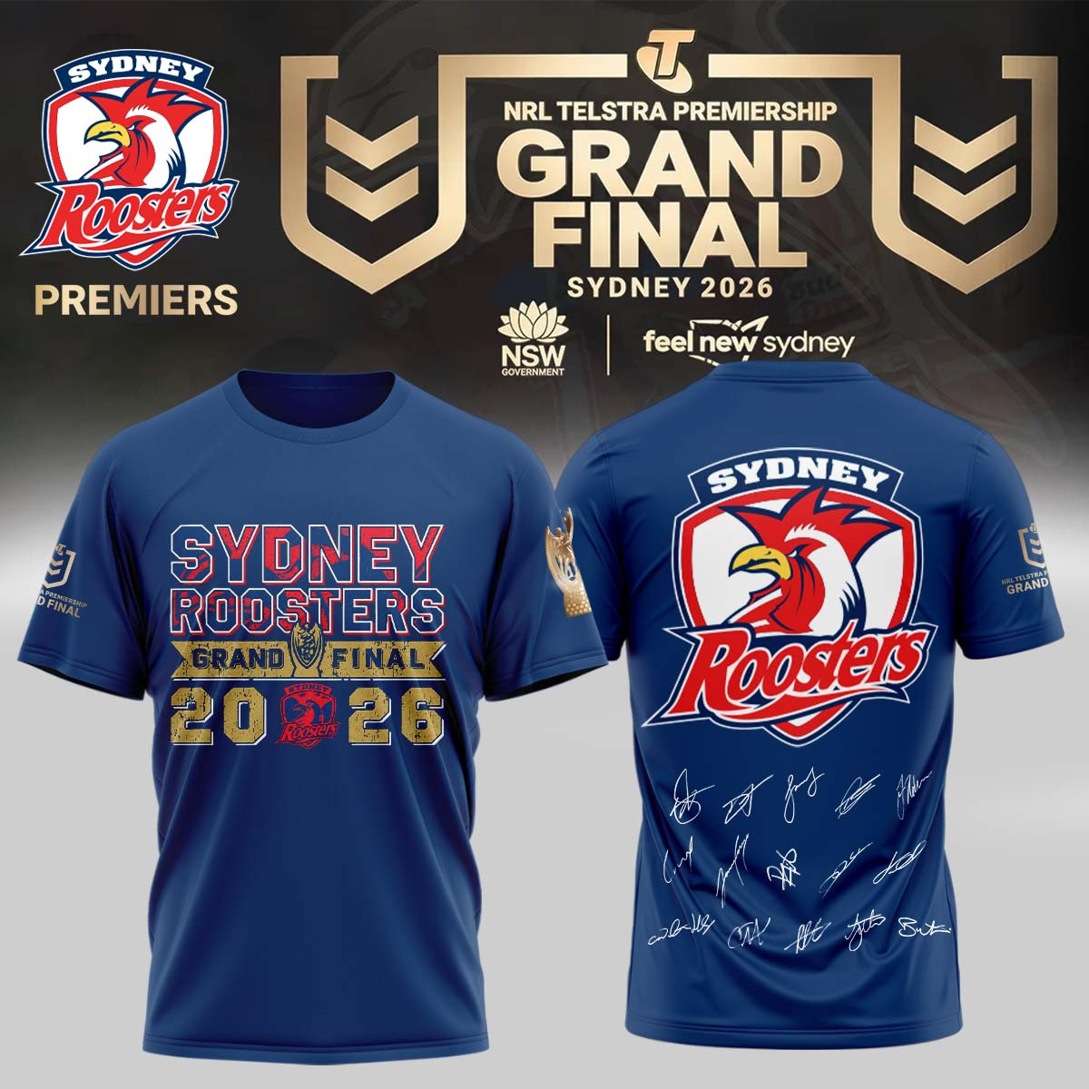 Sydney Roosters Merch 2026 NRL Premiers Signature Shirt Sydney Roosters Clothing Fan Gear 1 - Unicasport Sydney Roosters Merch 2026 NRL Premiers Signature Shirt Sydney Roosters Clothing Fan Gear