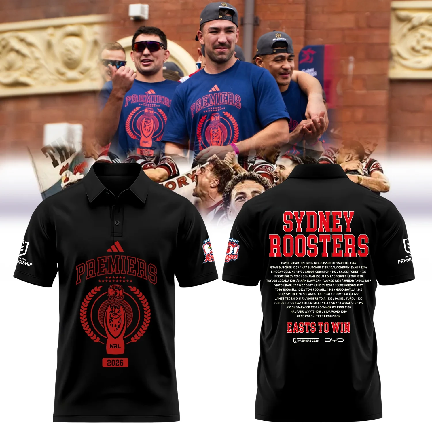 Sydney Roosters Merch NRL Premiers 2026 Black Polo Shirt Sydney Roosters Clothes Best Fan Gear 1 - Unicasport Sydney Roosters Merch NRL Premiers 2026 Black Polo Shirt Sydney Roosters Clothes Best Fan Gear
