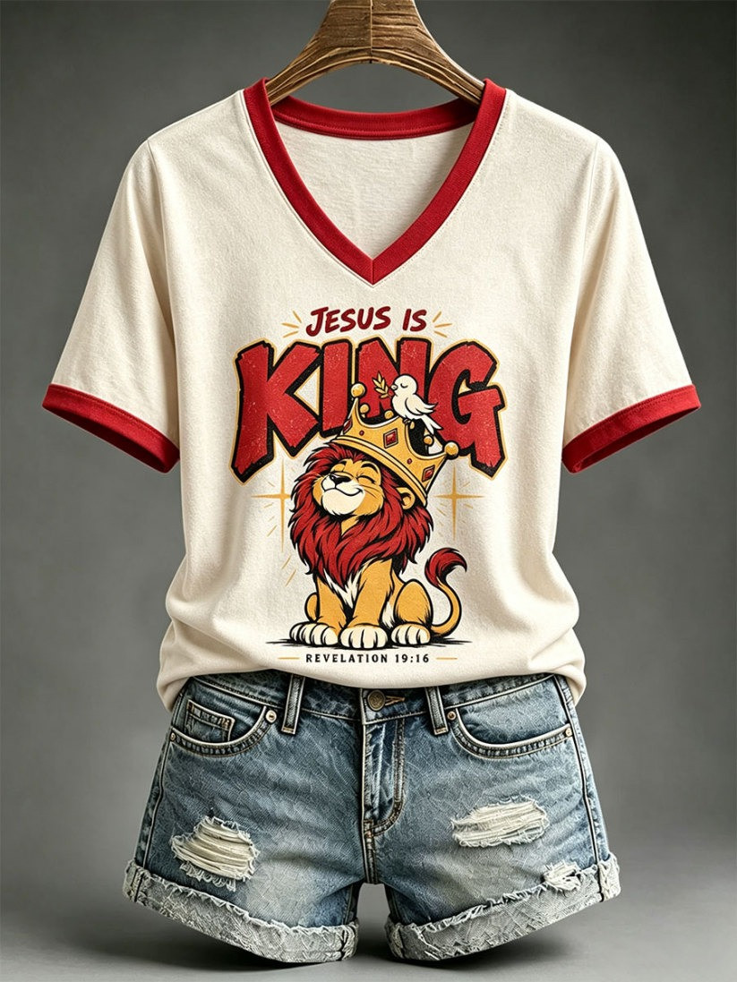 Women's Jesus Is King V-Neck T-Shirt Christian Clothing Gift For Friends 1 - Unicasport Women's Jesus Is King V-Neck T-Shirt Christian Clothing Gift For Friends
