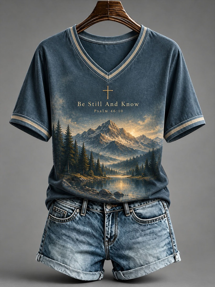 Be Still And Know Christian V-Neck T-Shirt Nature Mountain Cross Apparel Gift 1 - Unicasport Be Still And Know Christian V-Neck T-Shirt Nature Mountain Cross Apparel Gift