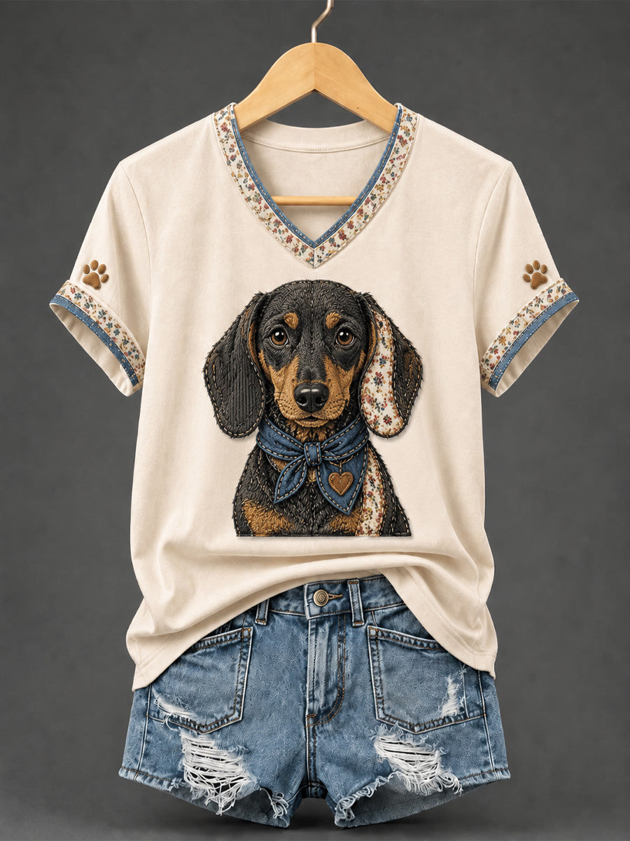 Dachshund Retro Patchwork V-Neck T-Shirt Dog Lover Apparel Gifts For Dog Lovers 1 - Unicasport Dachshund Retro Patchwork V-Neck T-Shirt Dog Lover Apparel Gifts For Dog Lovers