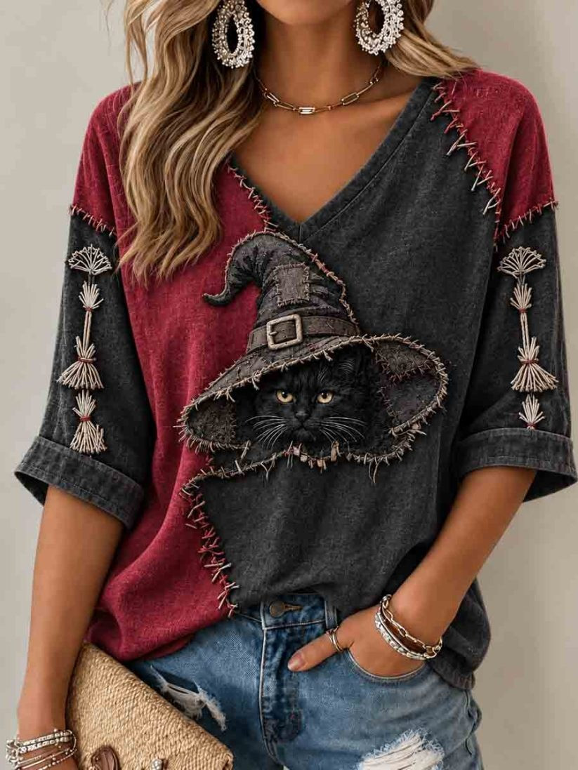 Halloween Witch Cat Crew V-Neck Raglan Shirt Halloween Clothes Gift For Wife 1 - Unicasport Halloween Witch Cat Crew V-Neck Raglan Shirt Halloween Clothes Gift For Wife
