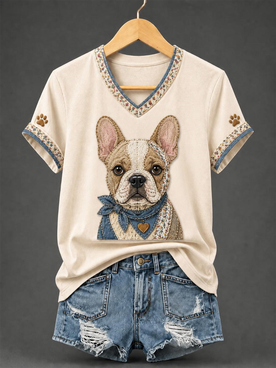 French Bulldog Retro Patchwork V-Neck T-Shirt Funny Dog Clothing Dog Lover Gift 1 - Unicasport French Bulldog Retro Patchwork V-Neck T-Shirt Funny Dog Clothing Dog Lover Gift