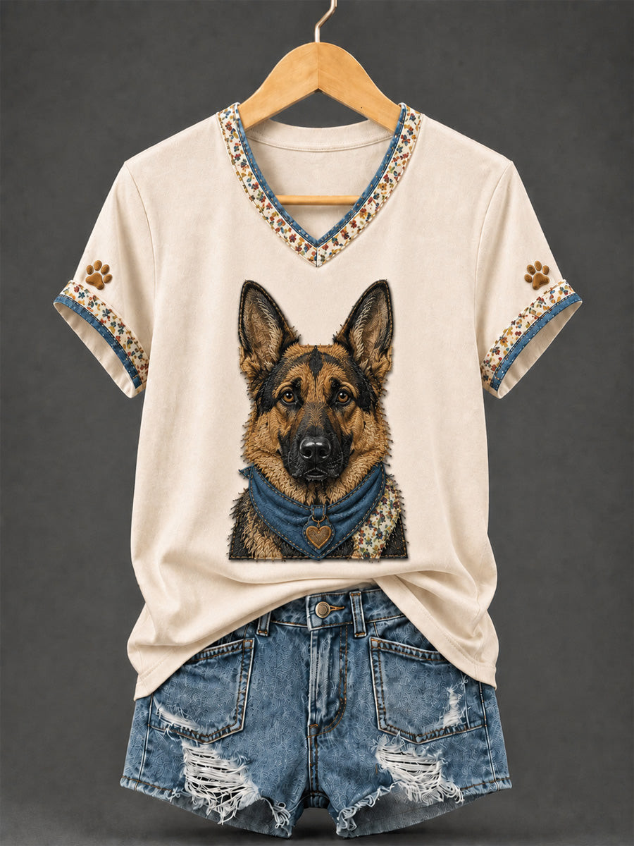 German Shepherd Retro Patchwork V-Neck T-Shirt Dog Lover Clothing Gift For Dog Lover 1 - Unicasport German Shepherd Retro Patchwork V-Neck T-Shirt Dog Lover Clothing Gift For Dog Lover