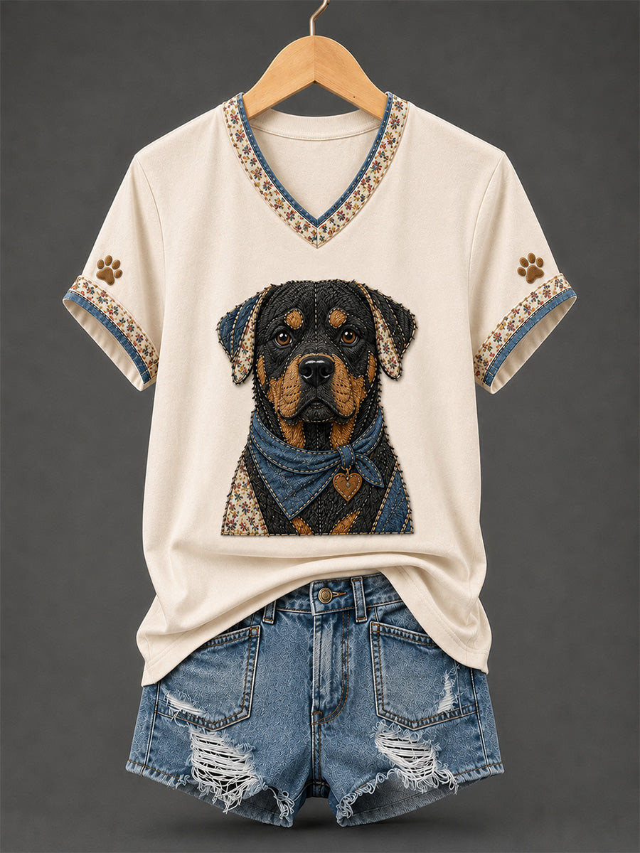 Rottweiler Retro Patchwork V-Neck T-Shirt Women Apparel Dog Mom Gift 1 - Unicasport Rottweiler Retro Patchwork V-Neck T-Shirt Women Apparel Dog Mom Gift