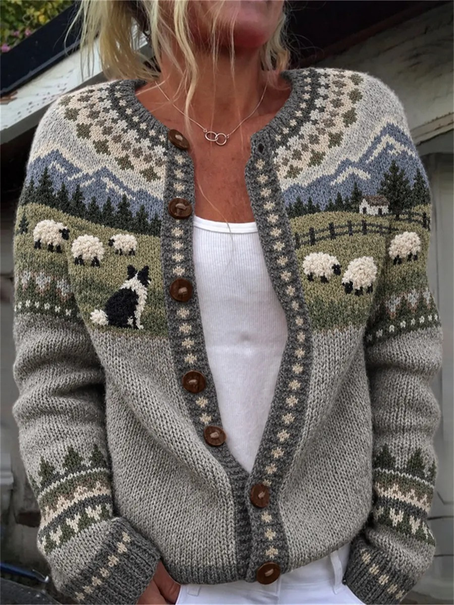 Vintage Border Collie Sheep Landscape Yoke Isle Cardigan Winter Apparel Gifts For Dog Lovers