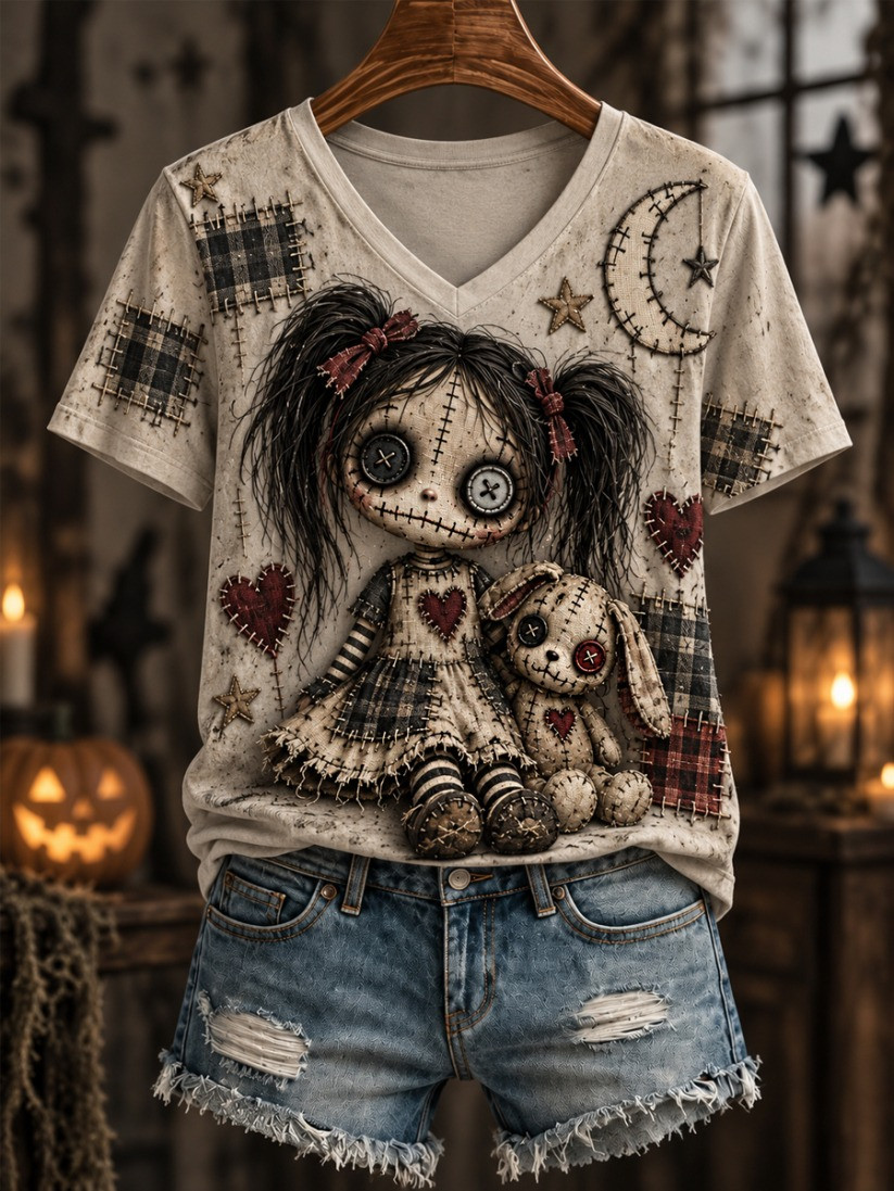 Halloween Creepy Dolls V-Neck T-Shirt Vintage Halloween Outfits Gift For Women 1 - Unicasport Halloween Creepy Dolls V-Neck T-Shirt Vintage Halloween Outfits Gift For Women