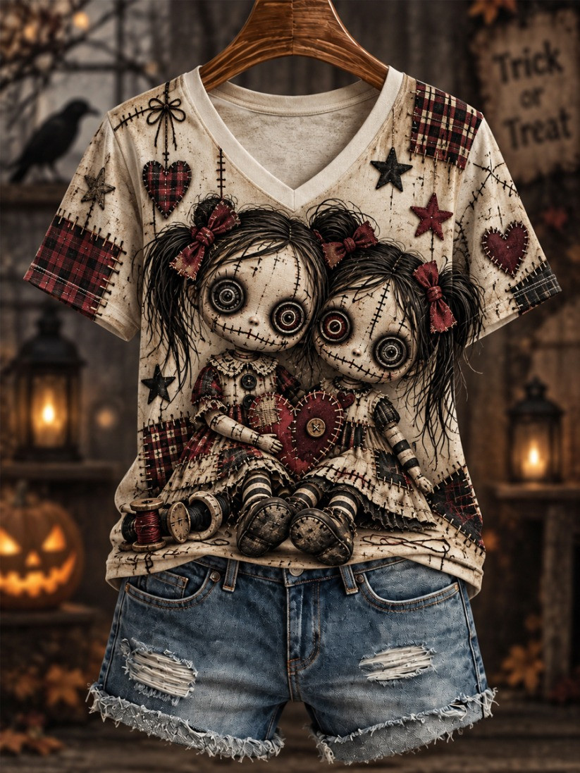 Halloween Creepy Dolls V-Neck T-Shirt Halloween Horror Nights Apparel Gift For Women 1 - Unicasport Halloween Creepy Dolls V-Neck T-Shirt Halloween Horror Nights Apparel Gift For Women