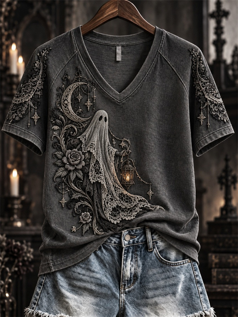 Halloween Gothic Ghost Lace V-Neck T-Shirt Cute Halloween Gifts For Girlfriend 1 - Unicasport Halloween Gothic Ghost Lace V-Neck T-Shirt Cute Halloween Gifts For Girlfriend