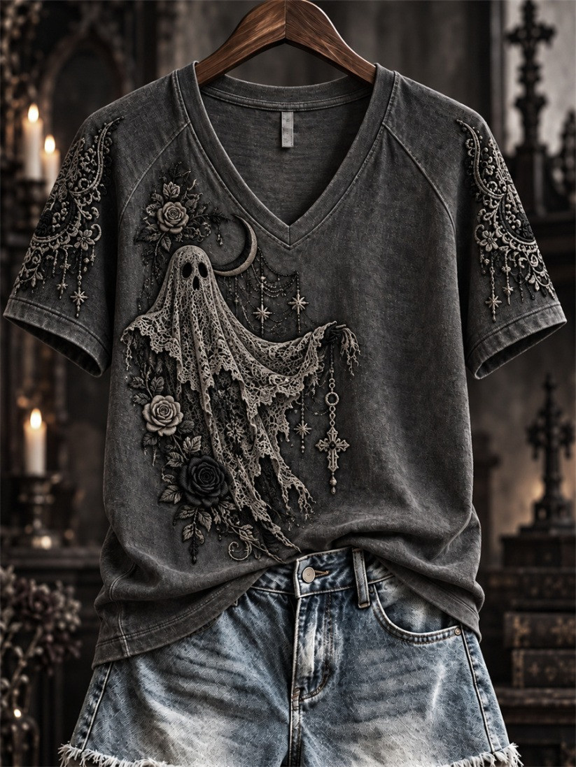 Halloween Gothic Ghost Lace V-Neck T-Shirt Gifts For Halloween Lovers 1 - Unicasport Halloween Gothic Ghost Lace V-Neck T-Shirt Gifts For Halloween Lovers