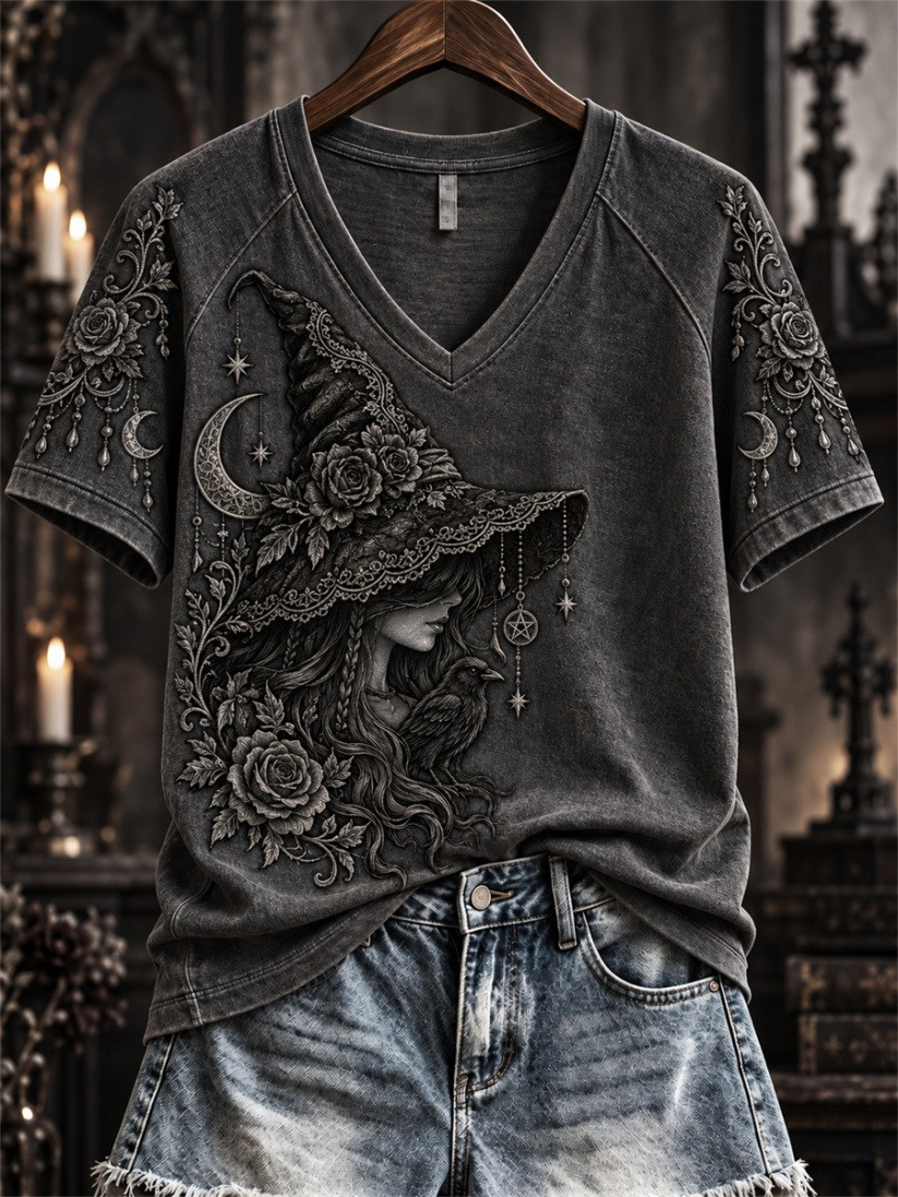 Halloween Gothic Witch Lace V-Neck T-Shirt Women's Halloween Apparel Gift 1 - Unicasport Halloween Gothic Witch Lace V-Neck T-Shirt Women's Halloween Apparel Gift