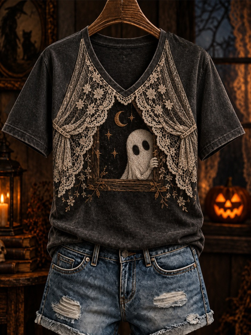 Halloween Gothic-Style Lace And Boo Pattern V-Neck T-Shirt Presents For Halloween 1 - Unicasport Halloween Gothic-Style Lace And Boo Pattern V-Neck T-Shirt Presents For Halloween
