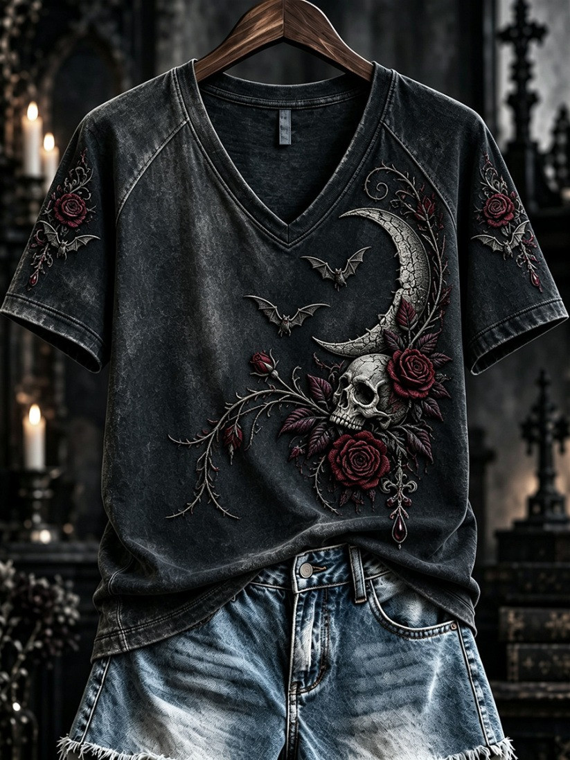 Vintage Halloween Gothic Rose Skull V-Neck T-Shirt Gift For Halloween 1 - Unicasport Vintage Halloween Gothic Rose Skull V-Neck T-Shirt Gift For Halloween