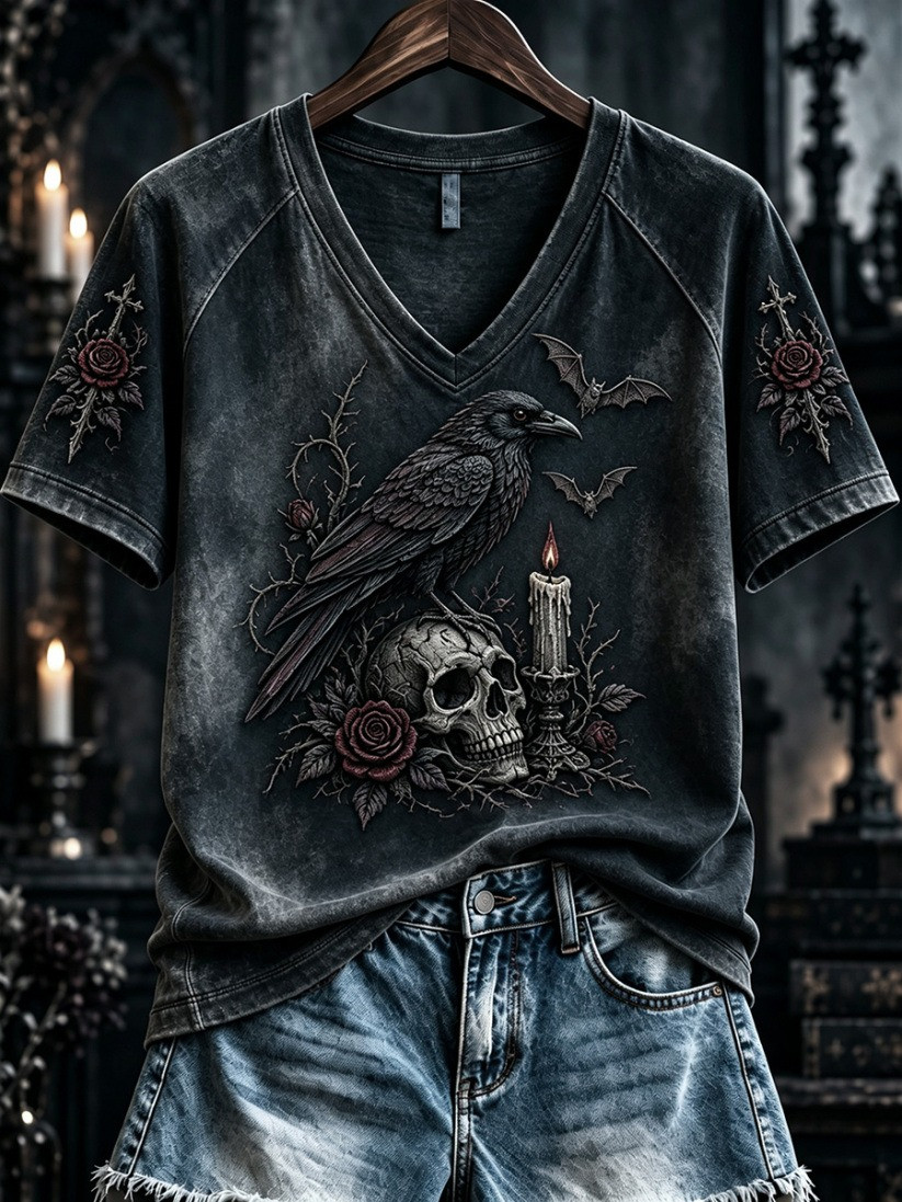 Vintage Halloween Gothic Rose Skull V-Neck T-Shirt Halloween Birthday Gifts 1 - Unicasport Vintage Halloween Gothic Rose Skull V-Neck T-Shirt Halloween Birthday Gifts
