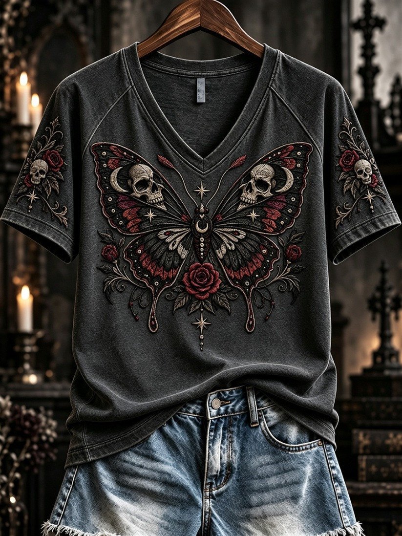 Women's Gothic Skull Butterfly V-Neck T-Shirt Halloween Ideas For Gifts 1 - Unicasport Women's Gothic Skull Butterfly V-Neck T-Shirt Halloween Ideas For Gifts