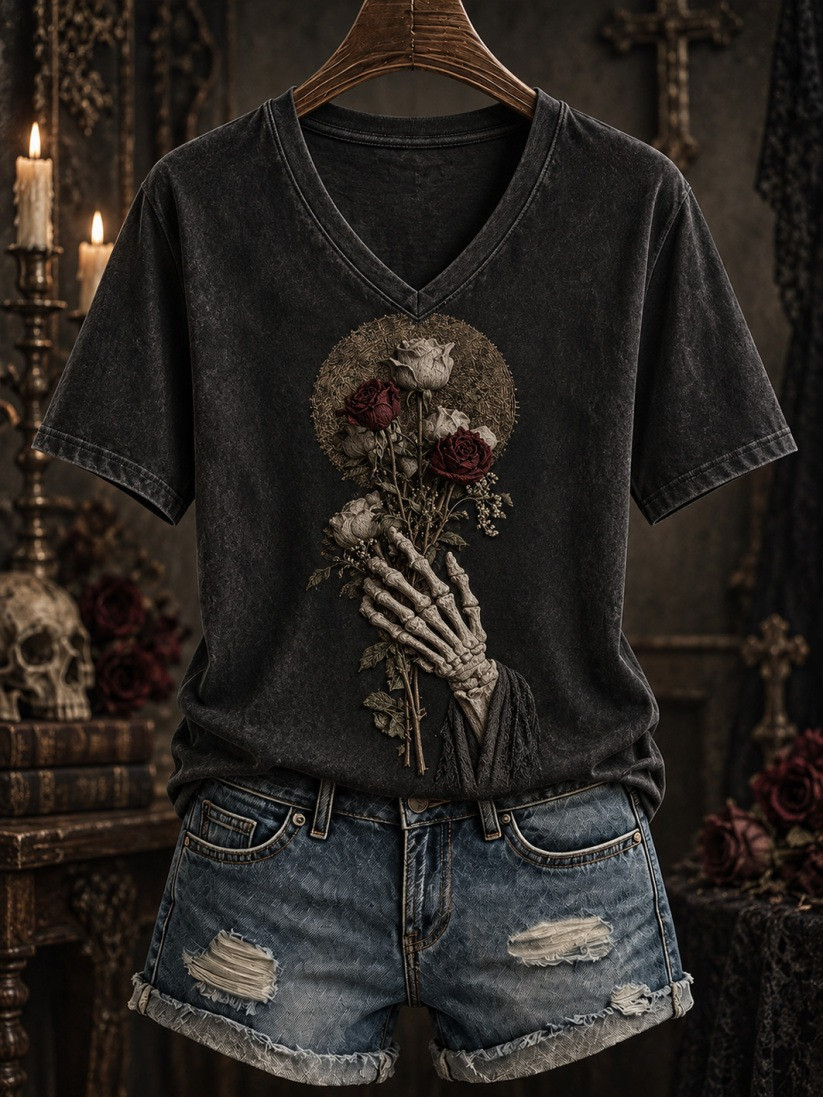 Halloween Gothic-Style Patterned V-Neck T-Shirt Halloween Horror Nights Merch Gift 1 - Unicasport Halloween Gothic-Style Patterned V-Neck T-Shirt Halloween Horror Nights Merch Gift