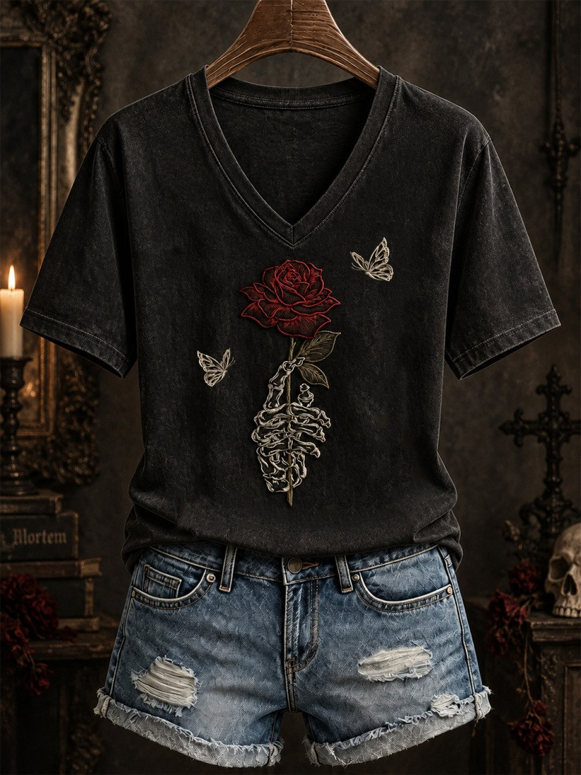 Vintage Gothic Spine & Rose V-Neck T-Shirt Halloween Horror Nights Merchandise Gift 1 - Unicasport Vintage Gothic Spine & Rose V-Neck T-Shirt Halloween Horror Nights Merchandise Gift