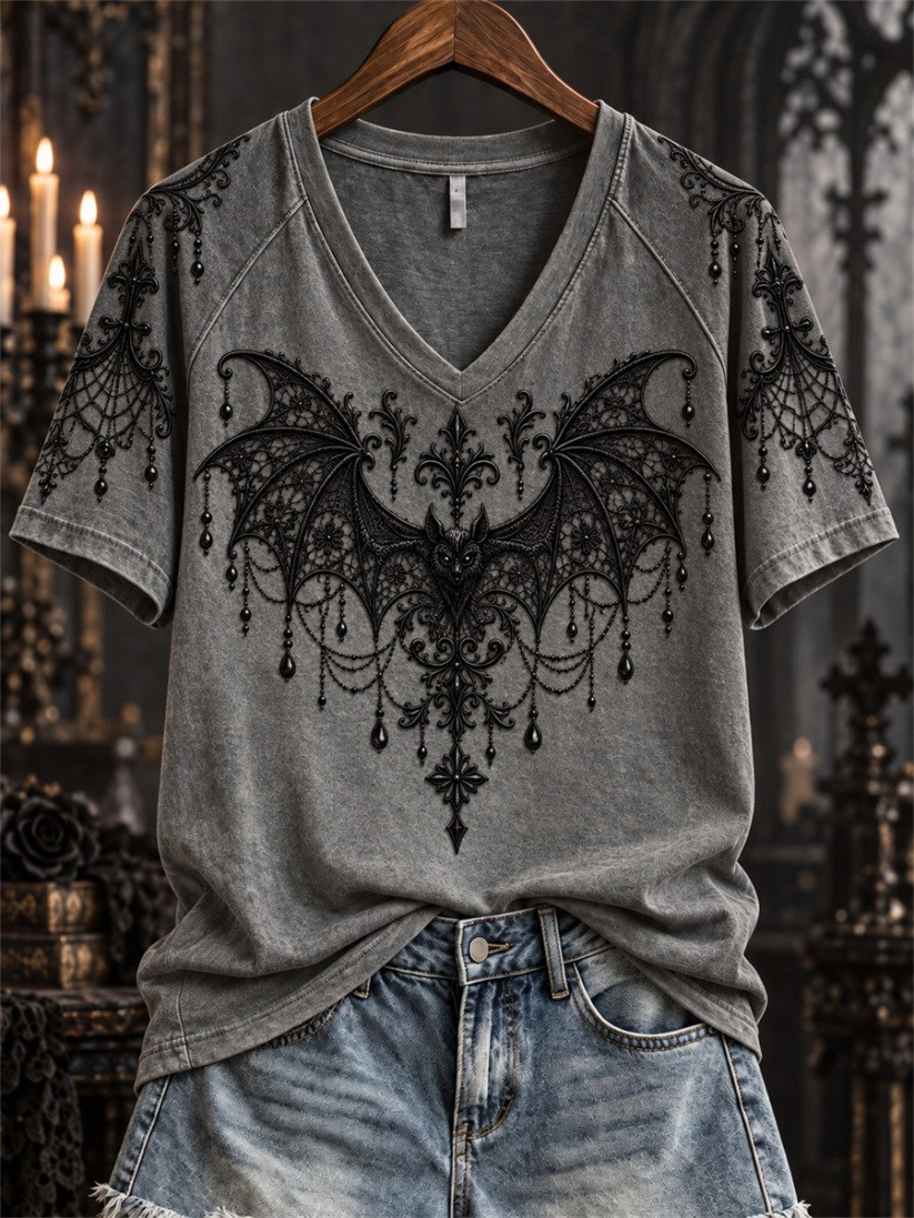 Halloween Gothic Bat Lace V-Neck T-Shirt Halloween Horror Nights Apparel Gift 1 - Unicasport Halloween Gothic Bat Lace V-Neck T-Shirt Halloween Horror Nights Apparel Gift