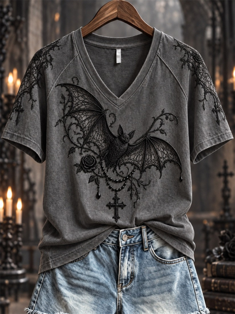 Halloween Gothic Lace Bat & Cross Pendant V-Neck T-Shirt Gift For Women 1 - Unicasport Halloween Gothic Lace Bat & Cross Pendant V-Neck T-Shirt Gift For Women