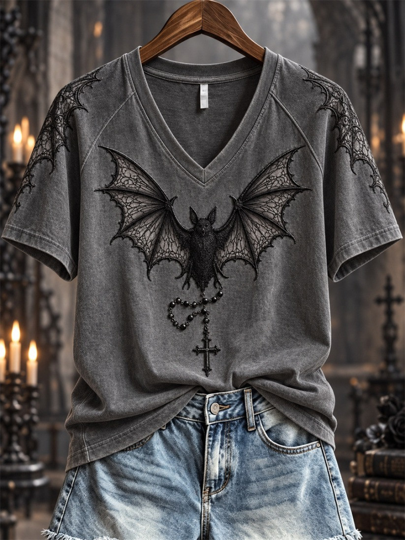 Halloween Gothic Lace Bat & Cross Pendant V-Neck T-Shirt Halloween Themed Gift 1 - Unicasport Halloween Gothic Lace Bat & Cross Pendant V-Neck T-Shirt Halloween Themed Gift